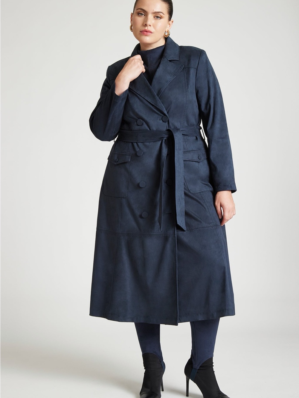 Eloquii x Barkwood Navy Double-Breasted Belted Trench Coat faux Suede